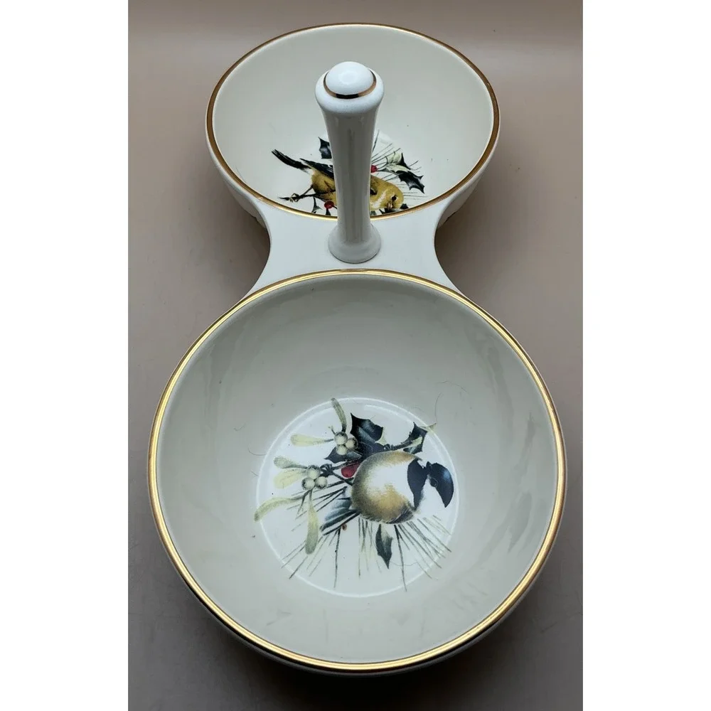 Lenox Winter Holiday Greetings Ivory Porcelain Double Bowl Condiment/Dip‎ Server